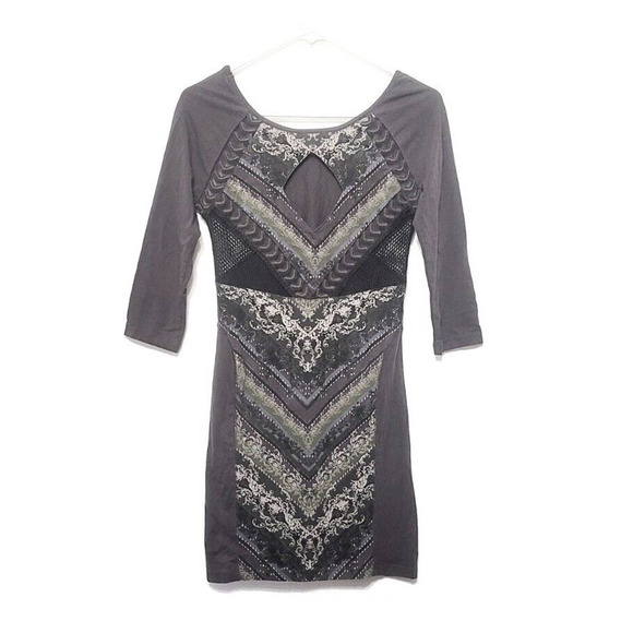 Free People Out Of Africa 3/4 Sleeve Gray Mini Dress Size S Keyhole Back Mesh - Picture 2 of 10